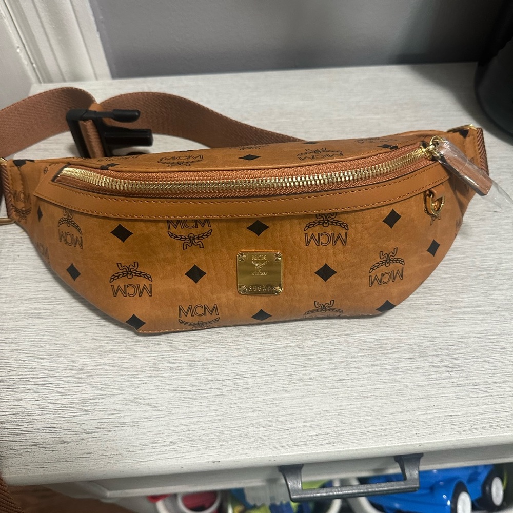 MCM Cognac Visetos Belt Bag with Gold Accents